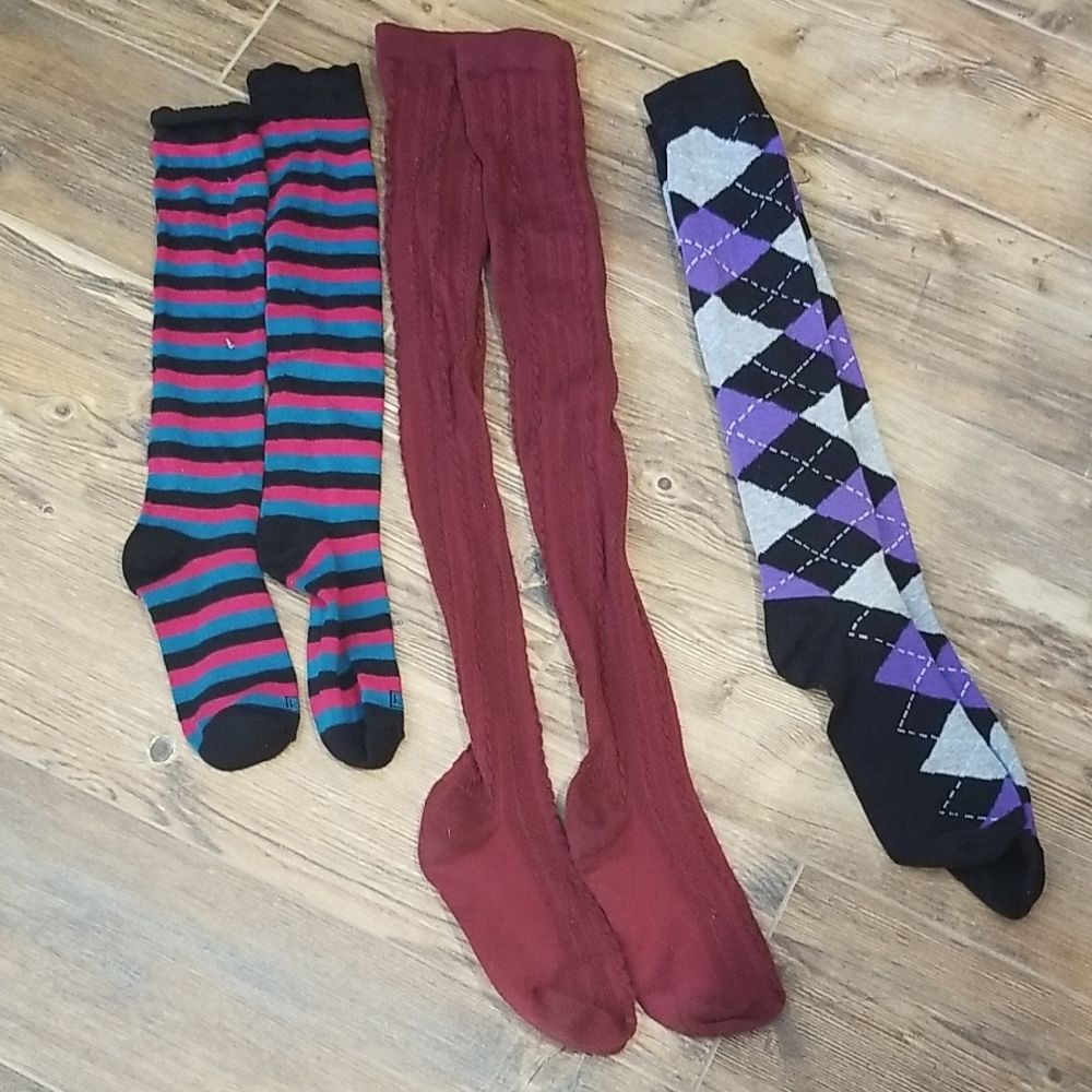Womens Striped Argyle Tights Socks Lot 3 Pairs Burgundy Purple Patterned Hosiery